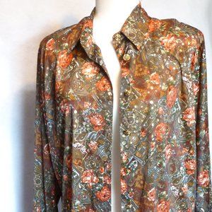 Vintage button down blouse w/gold & rose print
